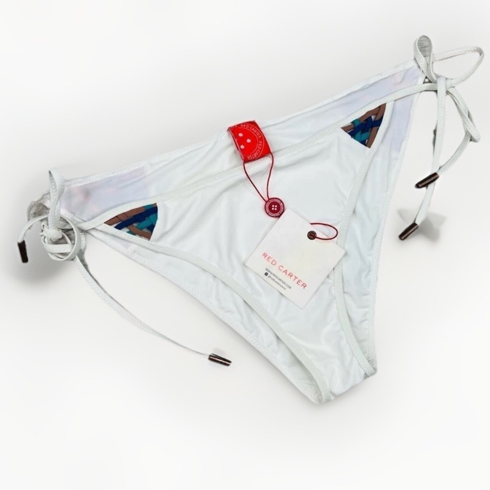 Red Carter Cali Cut White Pattern Side Tie Metal Tips Bikini Bottom Size Large